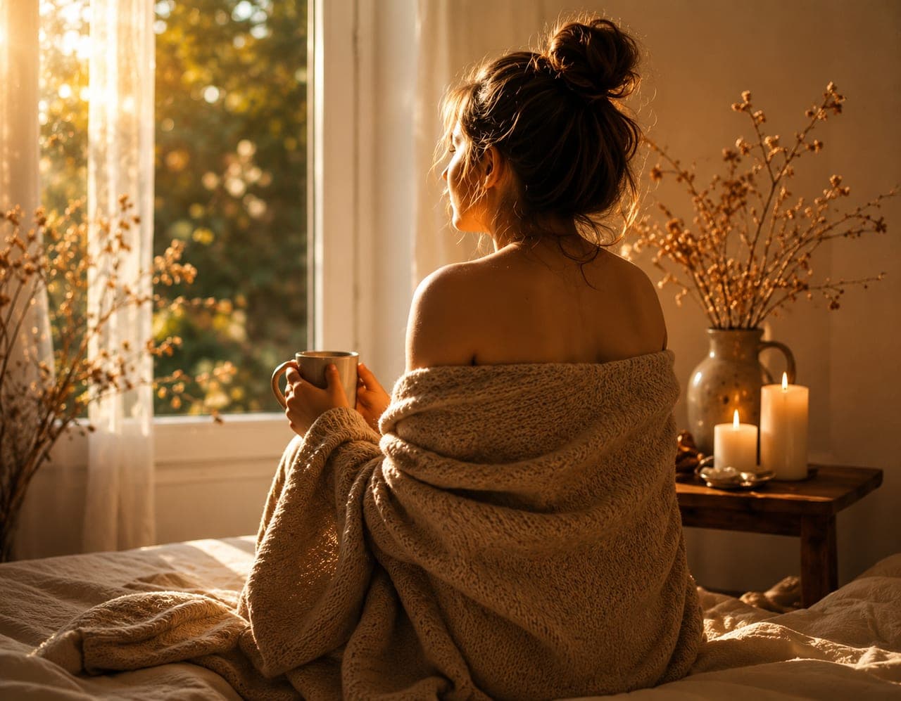 Une femme enveloppée dans un plaid, une tasse à la main, près d'une fenêtre