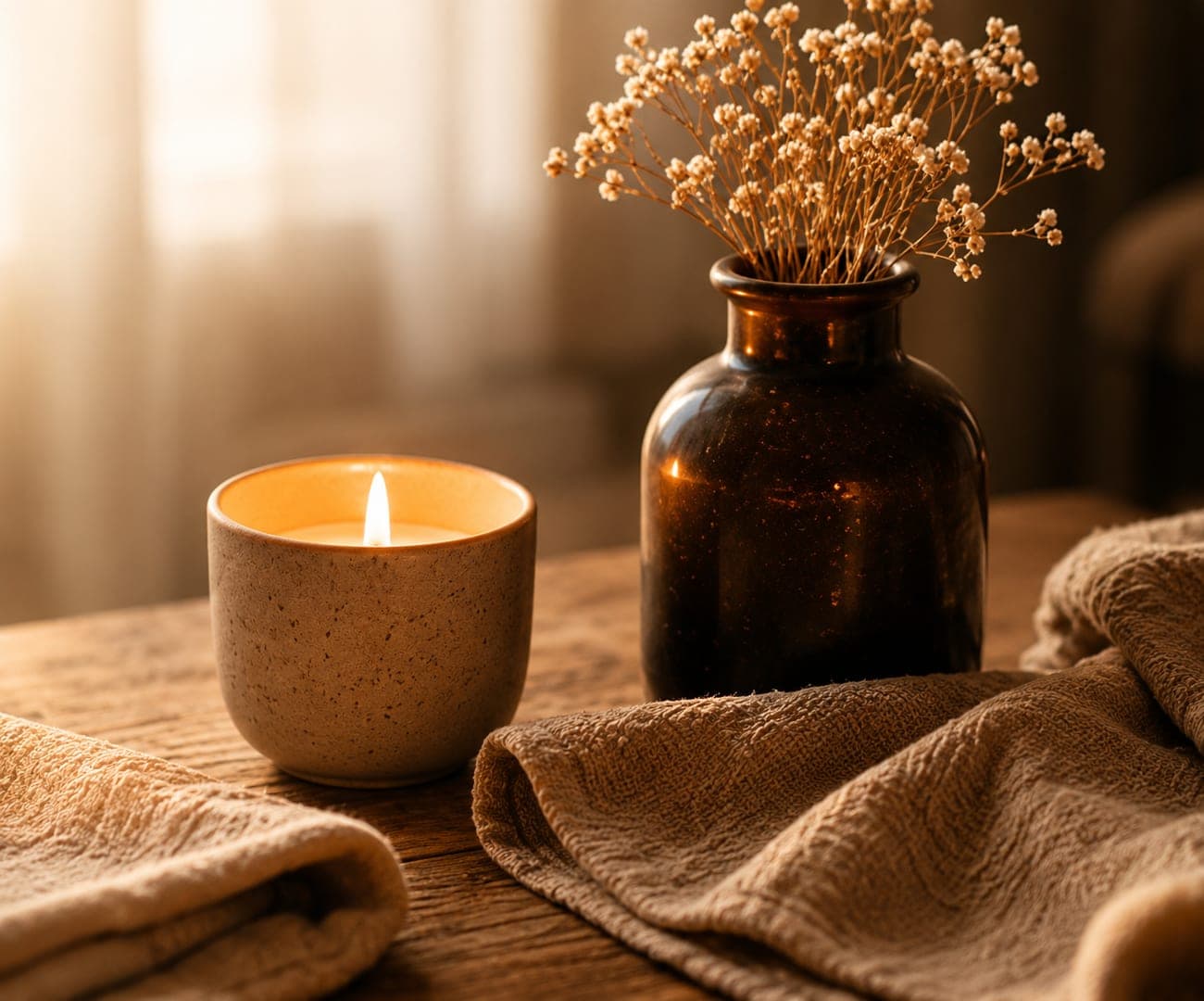 Bougie et vase de fleurs séchées sur une table en bois