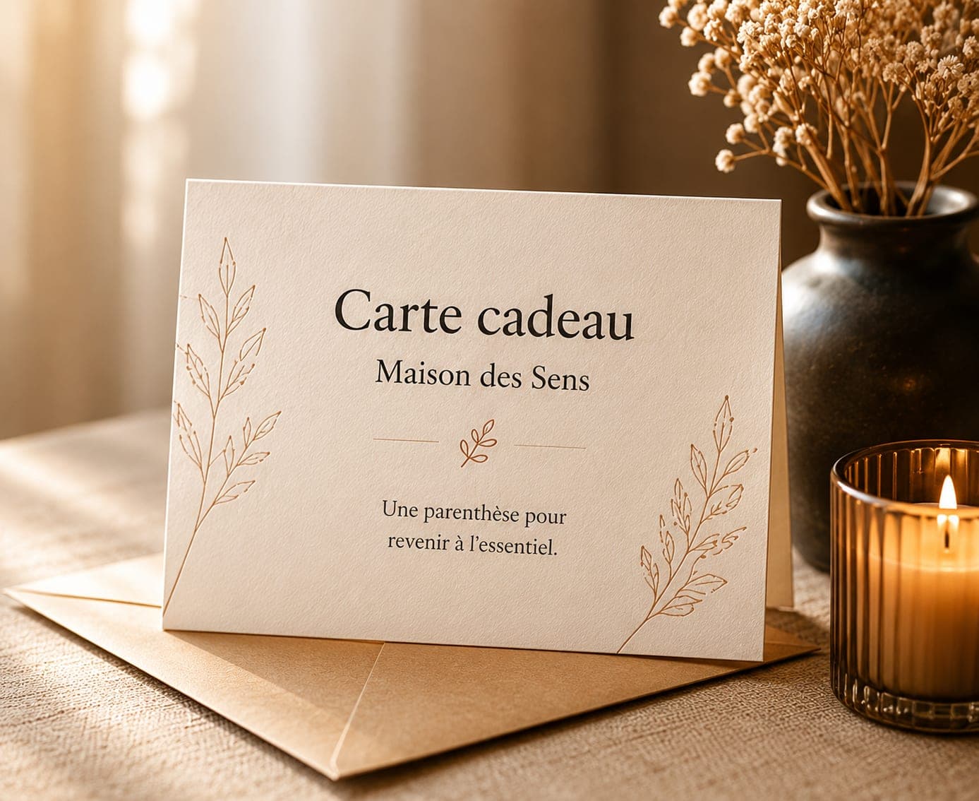 Carte cadeau Maison des Sens posée sur une enveloppe kraft, bougie allumée